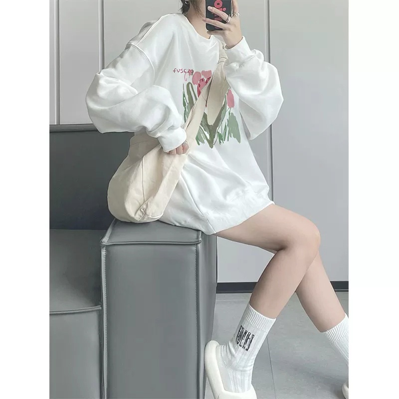 RDGF Áo Thun Tay Ngắn Cổ Tròn Dáng Rộng In Hình Hoa tulip Lãng Mạn Thời Trang Hàn Quốc