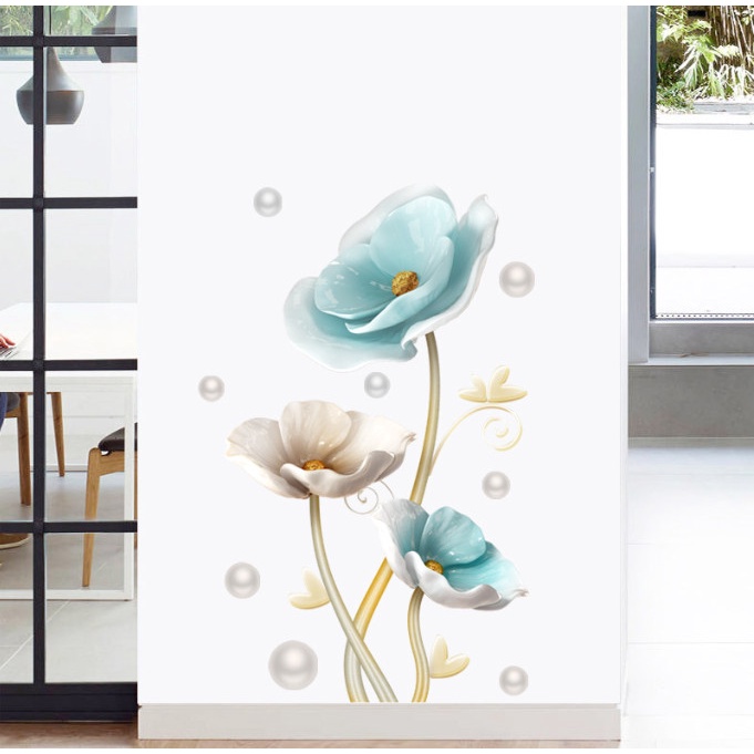 Decal trang trí tường - Hoa hồng xanh và ngọc trai