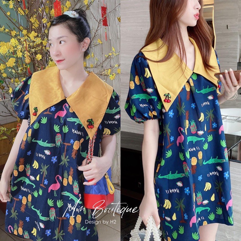 Váy Hoạ Tiết Cổ Pha Dáng Suông, Đầm Hoạ Tiết Tay Cộc Cute Có Ảnh Thật Kèm Video - Mặc Là Xinh