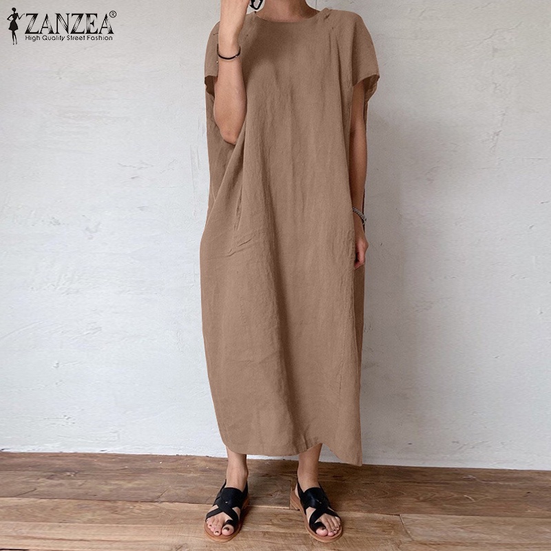 ZANZEA Đầm Dài Tay Ngắn Cổ Tròn Màu Trơn Phong Cách Cổ Điển Đơn Giản Thời Trang Cho Nữ