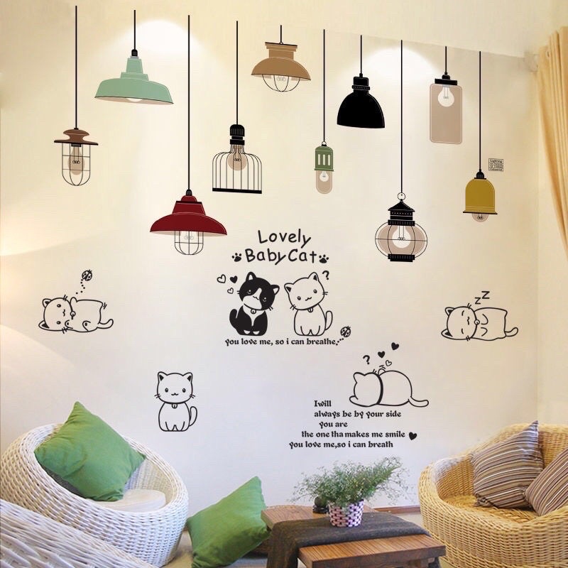 Tranh dán tường,Decal dán tường đèn và những chú mèo dễ thương