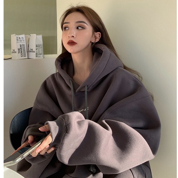 Áo hoodie bằng cotton dáng rộng dài có mũ trùm đầu thời trang