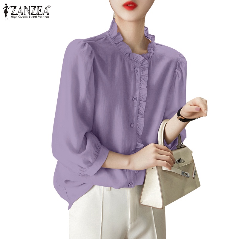 Áo kiểu ZANZEA cổ đứng dáng rộng màu trơn phong cách Hàn Quốc dành cho nữ