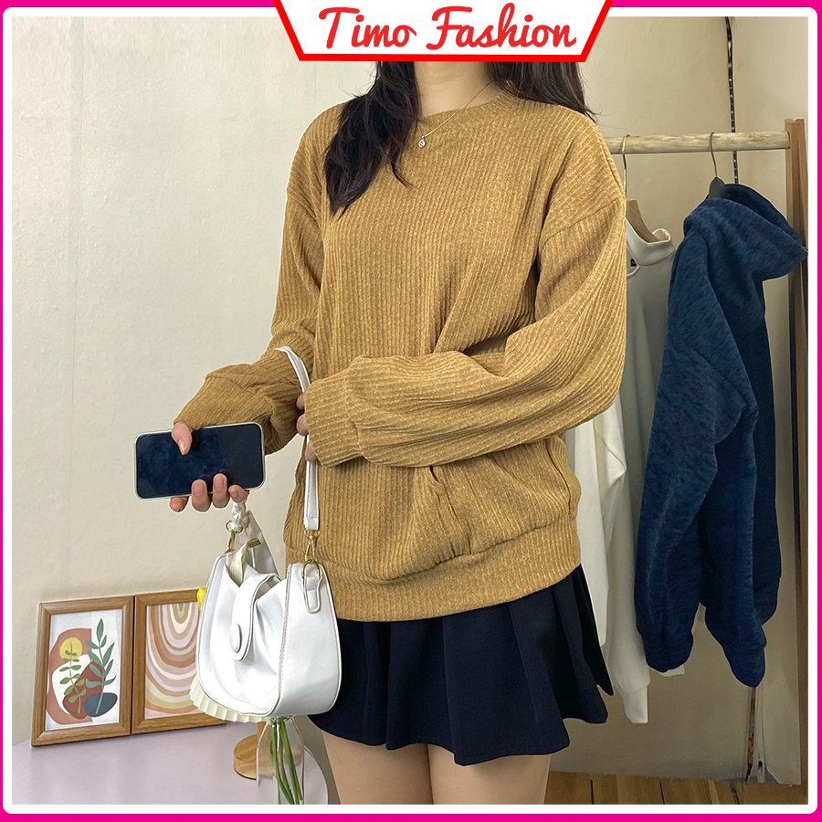 Áo sweater nữ, Áo dài tay nữ thu đông form rộng oversize cổ tròn chất thun len tăm dày dặn phong cách Hàn Quốc, AO015
