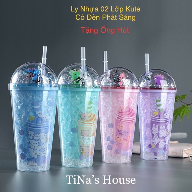 Ly nhựa 2 lớp cầu vồng 3D và Ly có đèn phát sáng nhiều màu sắc dễ thương 500ml - TiNa’s House