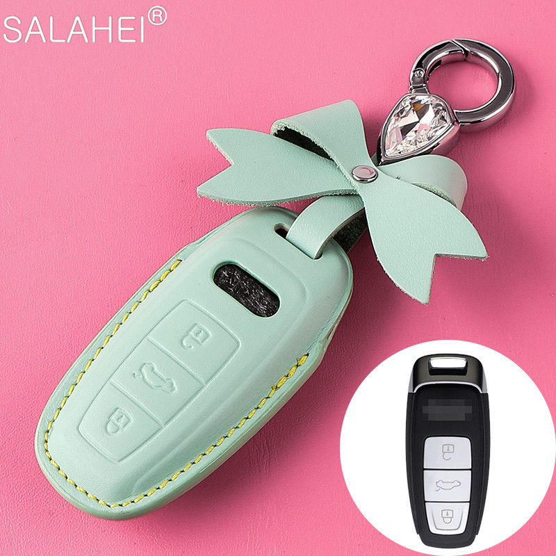 Car Leather Smart Key Cover Case Shell For Audi A6 A7 A8 Q8 E-tron C8 D5 A8L A6L 2018 2019 Car Styling Accessories Keychain