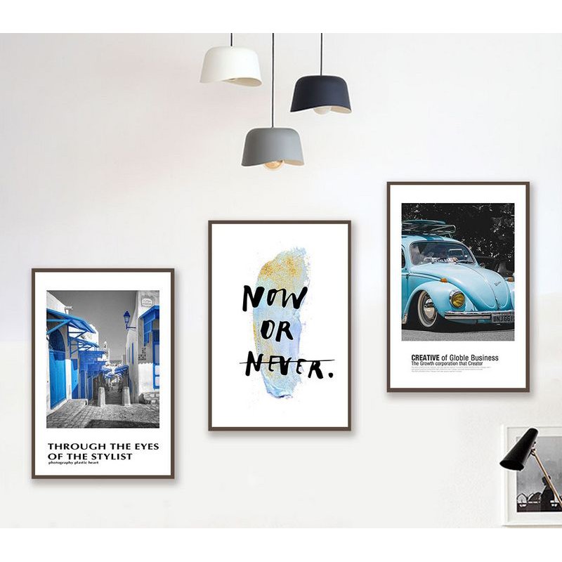 Bộ 3 Tranh Treo Tường Canvas CAO CẤP Xe Oto Cổ Thành Phố Quotes Động Lực Tone Xanh Dương Decor Khách Sạn Resort-MELYHOME