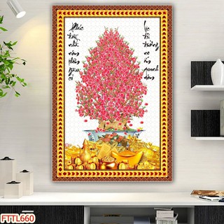 Tranh dán tường Tranh tết Tranh thư pháp Chậu Bonsai - hoa mai 30, Tranh dán tường 3d hiện đại (tích hợp sẵn keo)