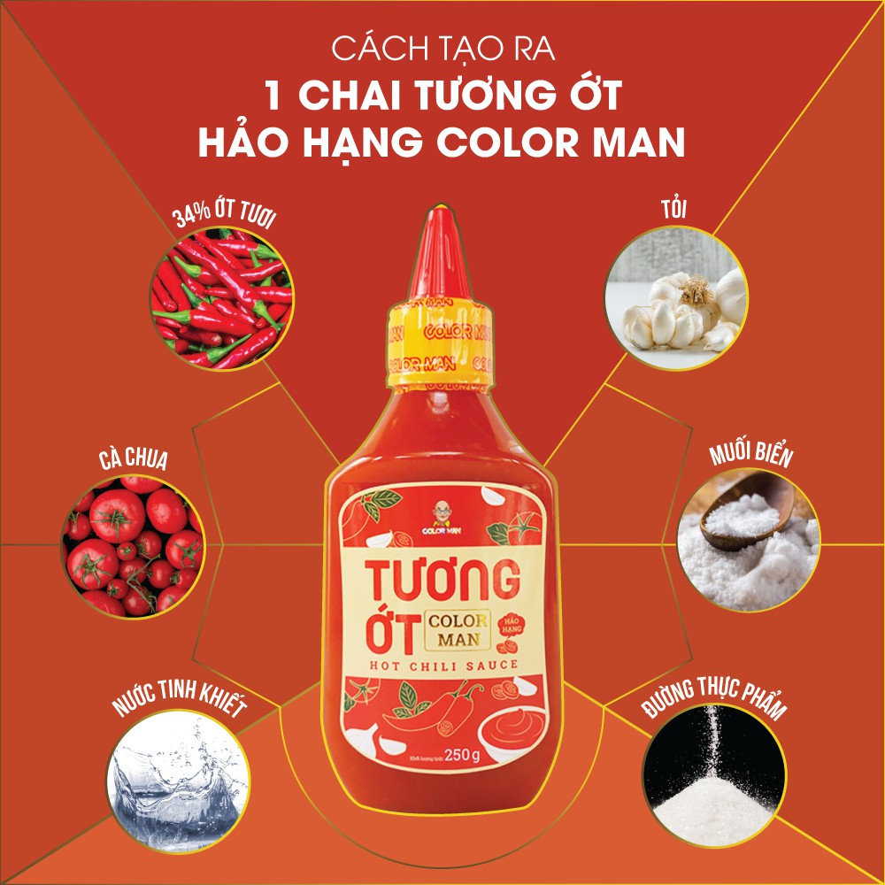 Tương Ớt Hảo Hạng Color Man Chai 250g thành phần ớt tươi đến 34% cao nhất thị trường hương tỏi và ớt lên men