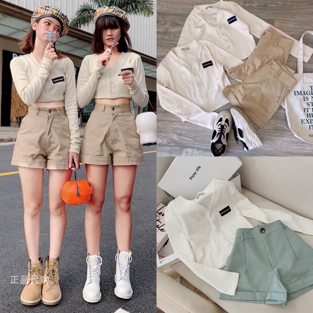 SET ÁO CROPTOP TAY DÀI KÈM QUẦN SHORT (KÈM VIDEO HÌNH THẬT)