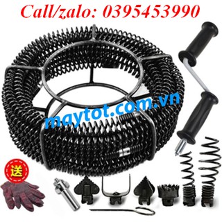 Dây lò xo thông cống phi16 dùng tay quay (dai 15mét dây, 6 đầu thông, 1 tay quay, 1 đầu kết nối máy khoan)