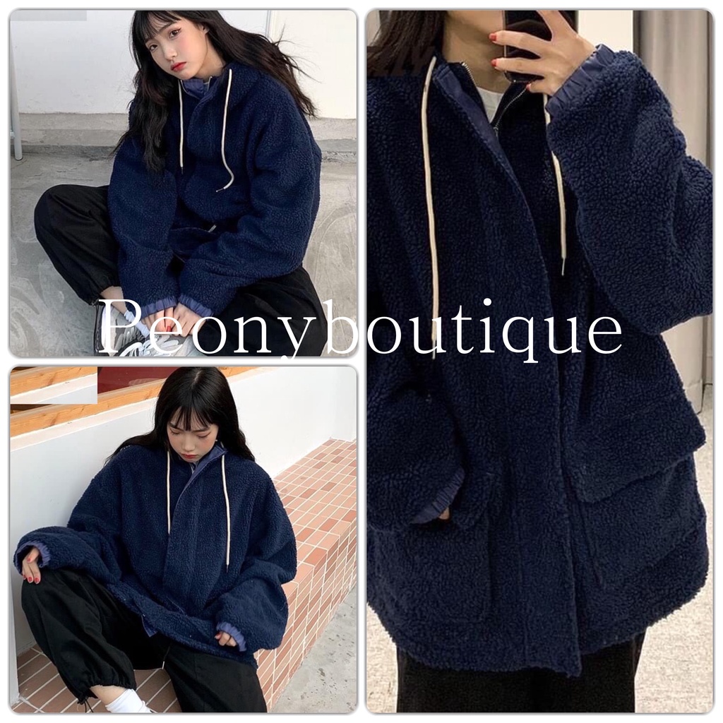 Áo Khoác Lông Túi Hộp Xanh Than PEONYB Nữ [FREESHIP]🌸 Jacket form rộng tay bồng phong cách Ulzzang 🌸 | BigBuy360 - bigbuy360.vn
