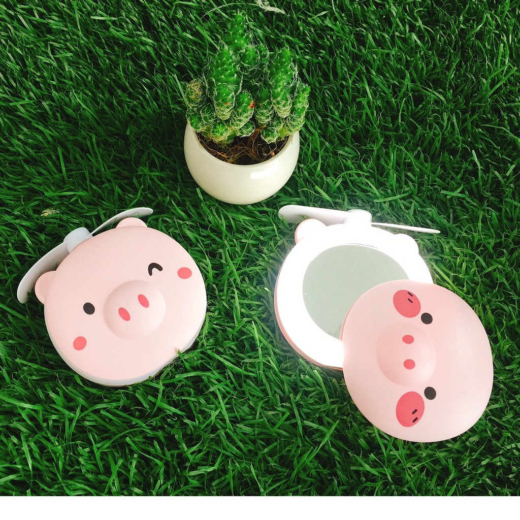 QUẠT CẦM TAY MINI HÌNH CON HEO ĐA NĂNG 3 TRONG 1 CÓ ĐÈN LED CÓ GƯƠNG ĐỂ SOI TIỆN LỢI