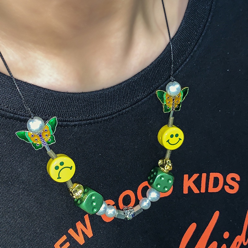 Vòng Cổ Mặt Hình Đầu Lâu/ Bướm Đính Ngọc Trai Màu Xanh Lá Phong Cách hip-hop Dễ Phối Đồ Thời Trang Cho Nam Và Nữ