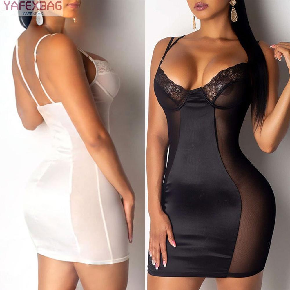 Women Sexy Nightdress Mesh Patchwork Lingerie Sleepwear Ladies Strap Dress Robe High Quality