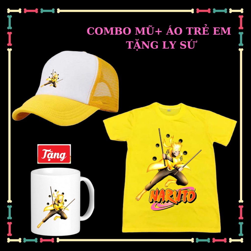 Combo Mũ Áo Naruto lục đạo phong cách cho trẻ em tay ngắn cổ tròn đủ size áo từ 10kg đến 90kg-Tặng Ly sứ Naruto