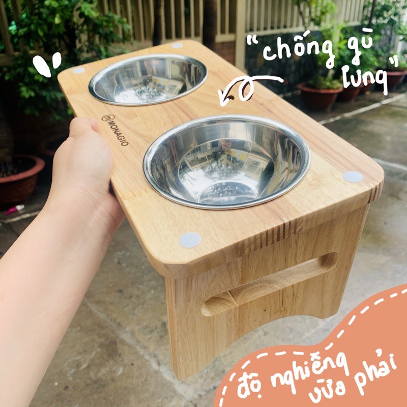 Bát ăn đôi cho Chó Mèo chống gù lưng, kèm 2 bát ăn inox, bát ăn gỗ tự nhiên