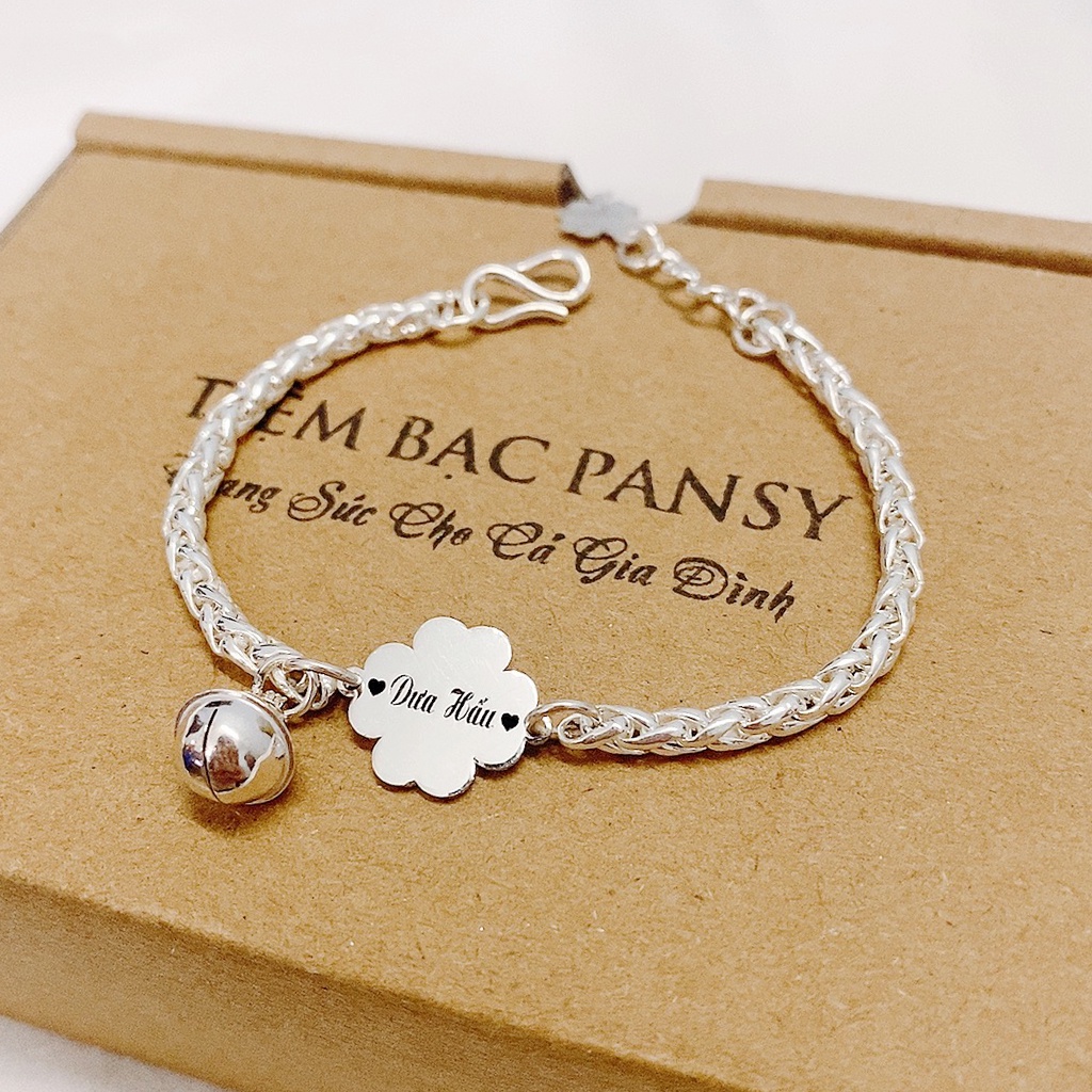 Vòng lắc bạc trẻ em PANSY mặt cỏ 4 lá khắc chữ theo yêu cầu