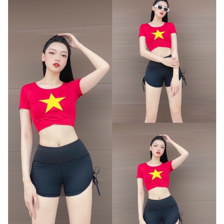 Áo đỏ sao vàng croptop  vạt chéo chất siêu đẹp, sẵn sll đội nhóm