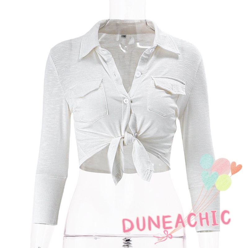 Áo sơ mi croptop DUNEA tay dài thắt nút thời trang cho nữ