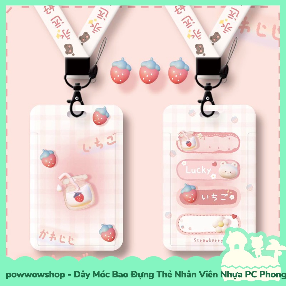 [Sẵn VN - Hỏa Tốc] Dây Móc Bao Đựng Thẻ Nhân Viên Nhựa PC Mẫu Gấu Dâu Kẹo Bông Gòn Bear Srawberry