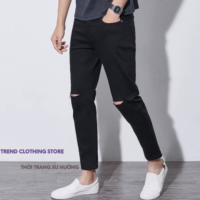 Quần Jeans Skinny, quần jean nam đen trơn, rách gối ống đứng tôn dáng - vải jeans bò co giãn 4 chiều cao cấp!