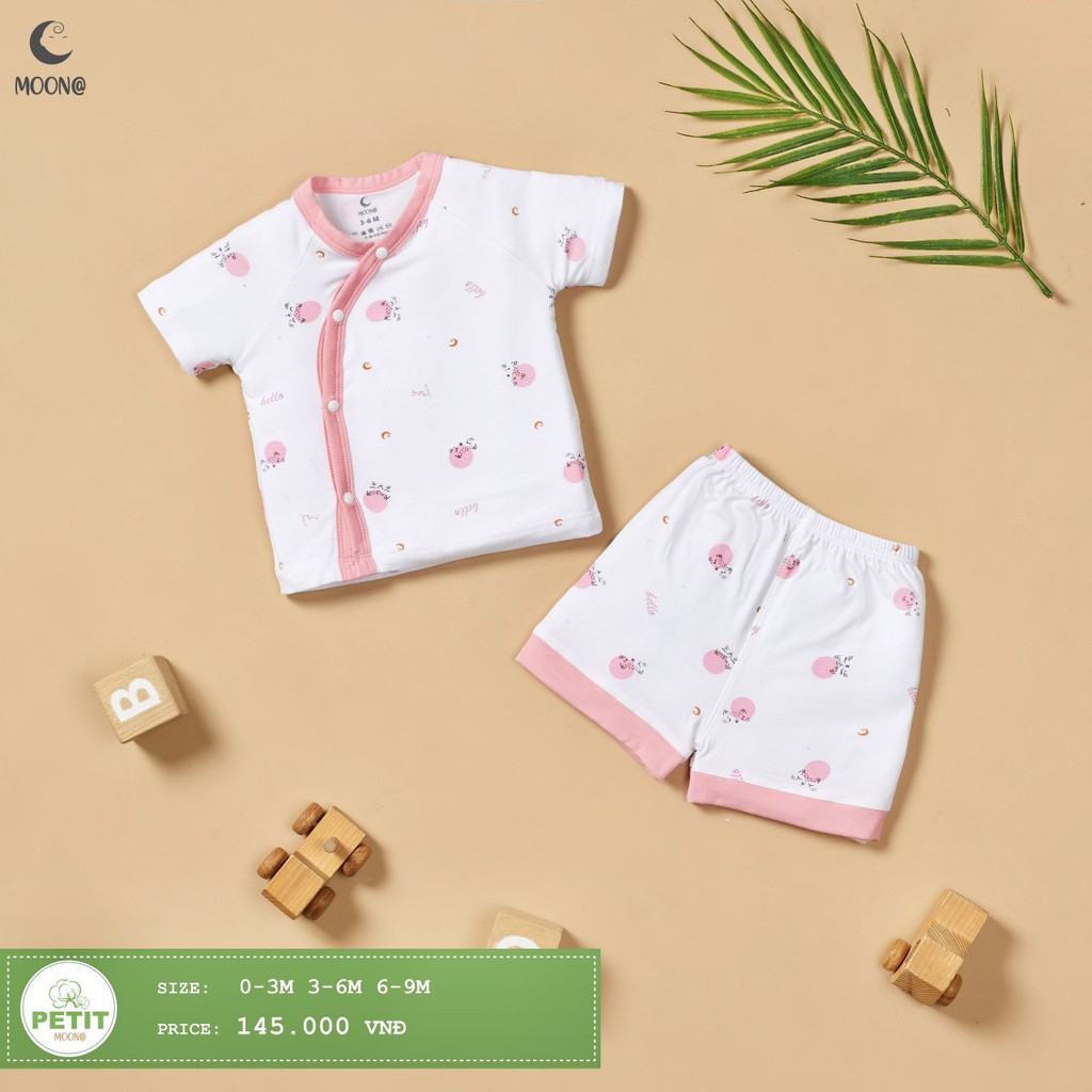 [CHÍNH HÃNG] Bộ cộc tay quần đùi trẻ em cài chéo petit họa tiết kẻ phối hình sinh động Moon