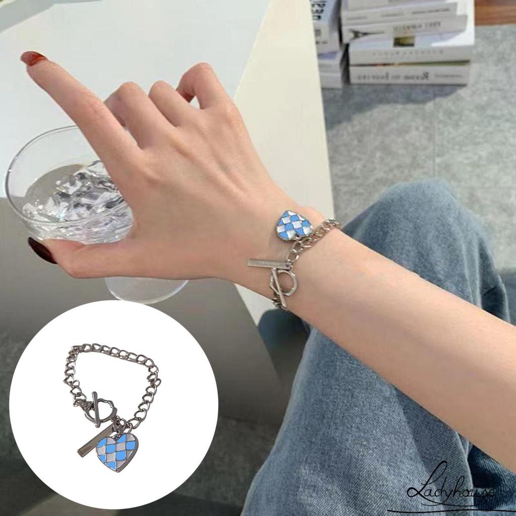 Vòng đeo tay chuỗi xích thiết kế mặt trái tim họa tiết kẻ sọc ca rô dành cho nữ mẹ bạn gái con gái