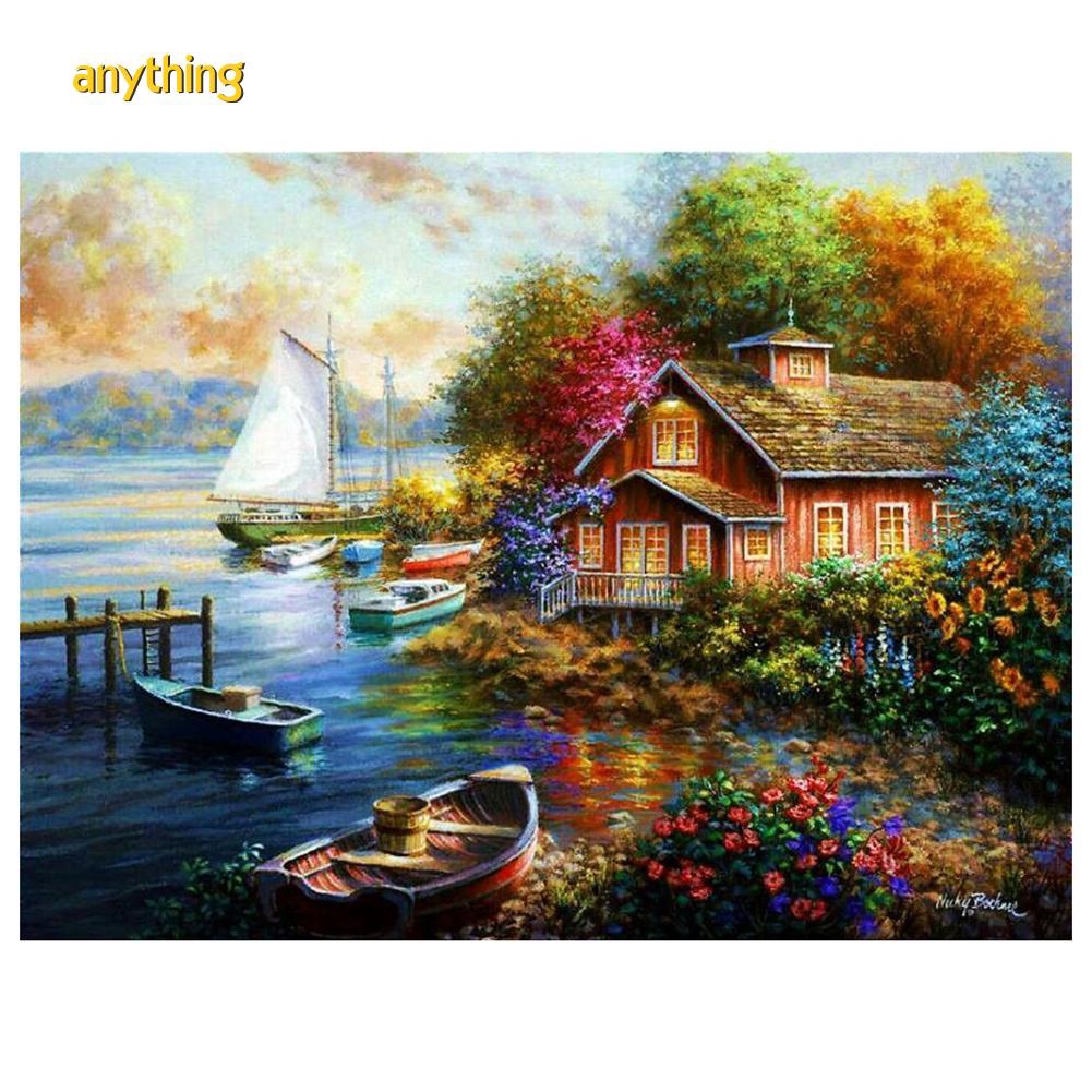 Tranh đính đá trang trí thủ công 5D hình ngôi làng nghệ thuật | BigBuy360 - bigbuy360.vn