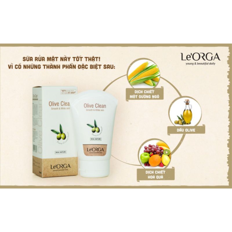 Sữa Rửa Mặt Le'Orga Quả Oliu - Gel làm Sạch Sâu Mềm Mịn, Cho Da Dầu, Mụn, Khô, Hỗn Hợp 120ml