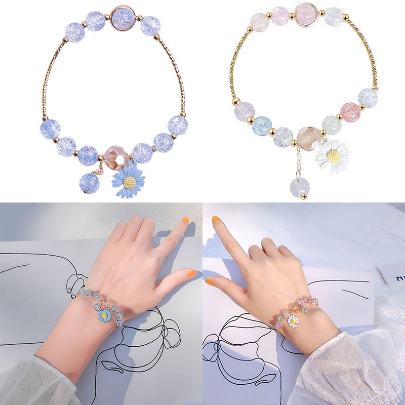 Vòng đeo tay chuỗi hạt nhiều màu sắc trang trí hoa cúc xinh xắn phong cách GD đơn giản cho học sinh