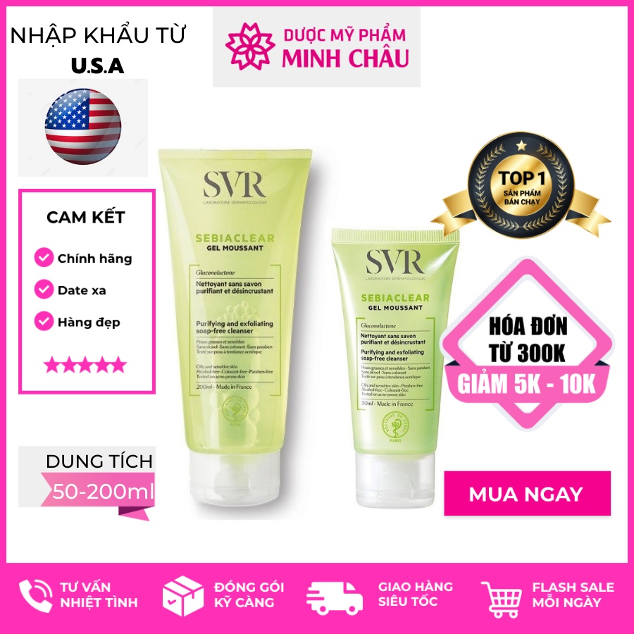 Sữa rửa mặt không có xà phòng, làm sạch SVR Sebiaclear Gel Moussant 50ml & 200ml