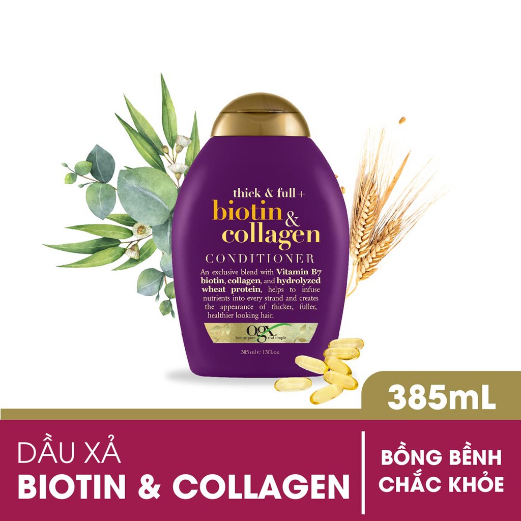 Dầu xả làm dày tóc OGX Thick &amp; Full + Biotin &amp; Collagen Conditioner 385ml (màu tím)