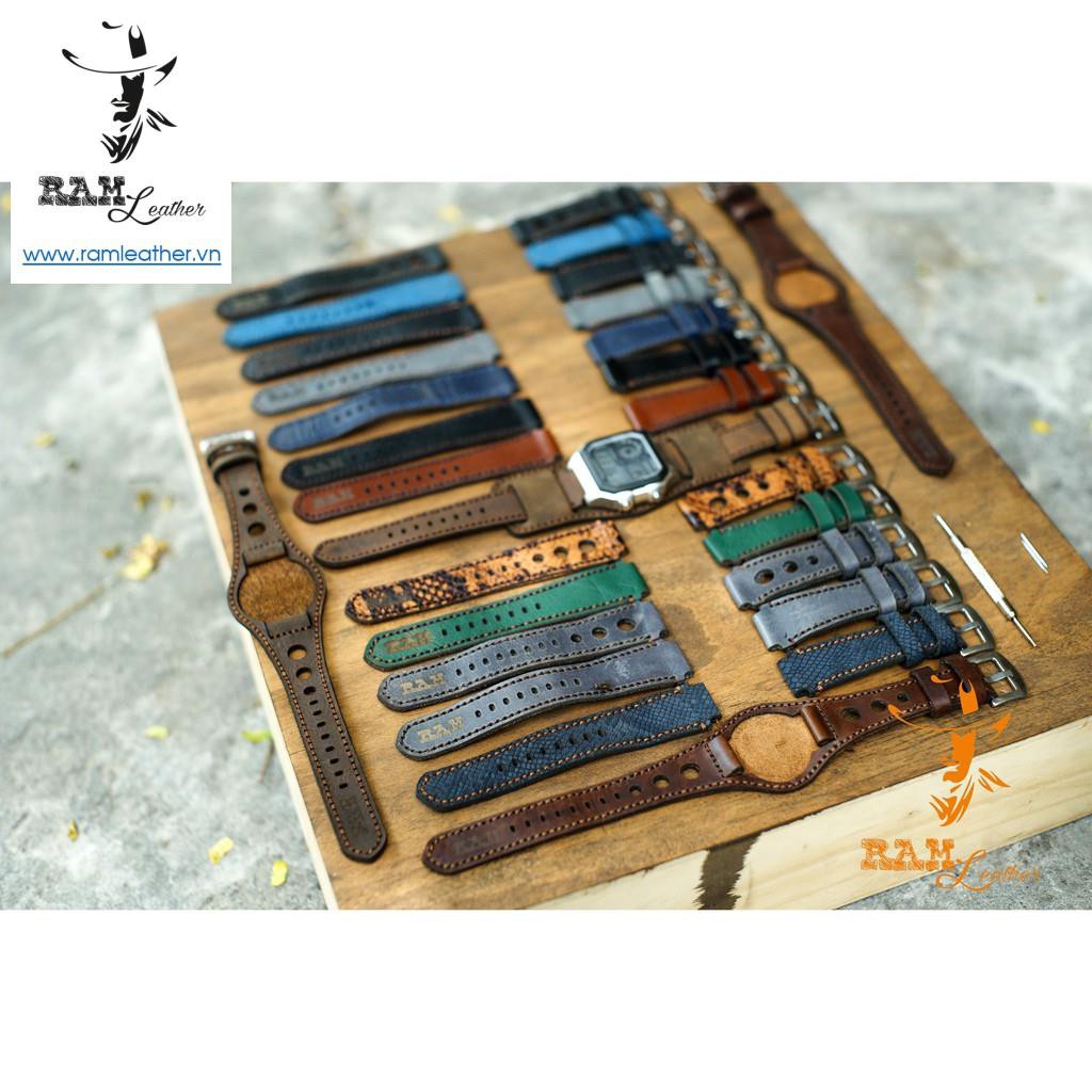 Dây Đồng Hồ Da Bò Cho Casio Ae1200 Whd Và Seiko 5 37mm  - Da Sáp Ngựa Điên Cực Chất +