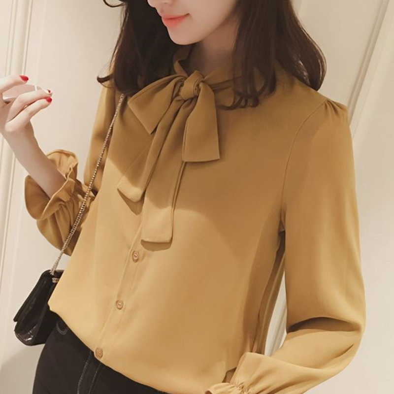 Áo Sơ Mi Chiffon Màu Trơn Cột Dây Nơ Phong Cách Hàn Quốc Thời Trang Cho Nữ