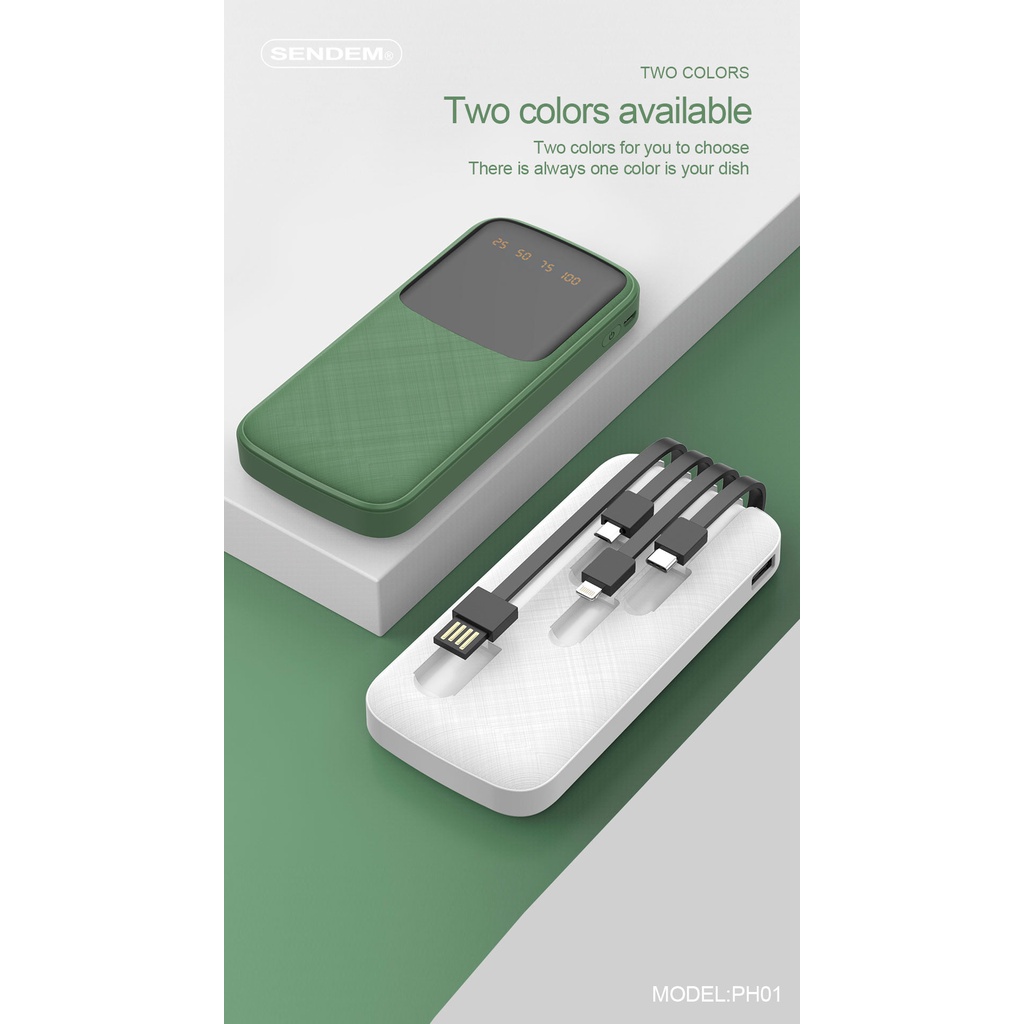 Sạc dự phòng 10,000mAh Sendem PH01 tích hợp dây IP/Type C/Micro tiện lợi
