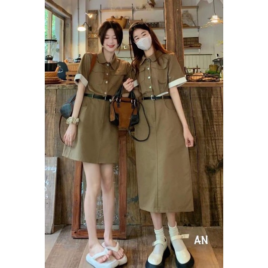 [ Hàng Sẵn ] Váy Kaki Belt Dáng Ngắn, Dáng Dài Hottrend, Váy kaki nâu kèm đai