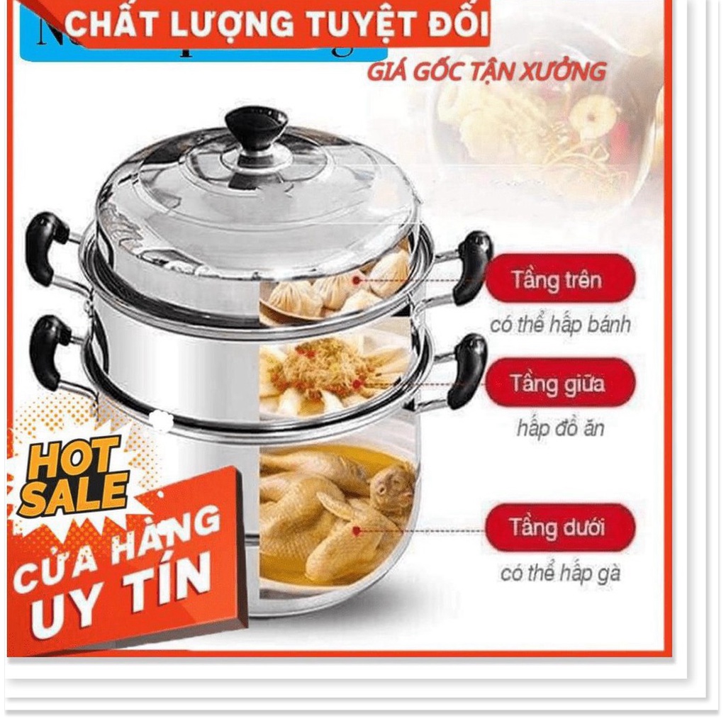 Nồi hấp xửng hấp 3 tầng hấp gà xôi bánh bao chất liệu inox cao cấp size 28cm dùng được bếp từ