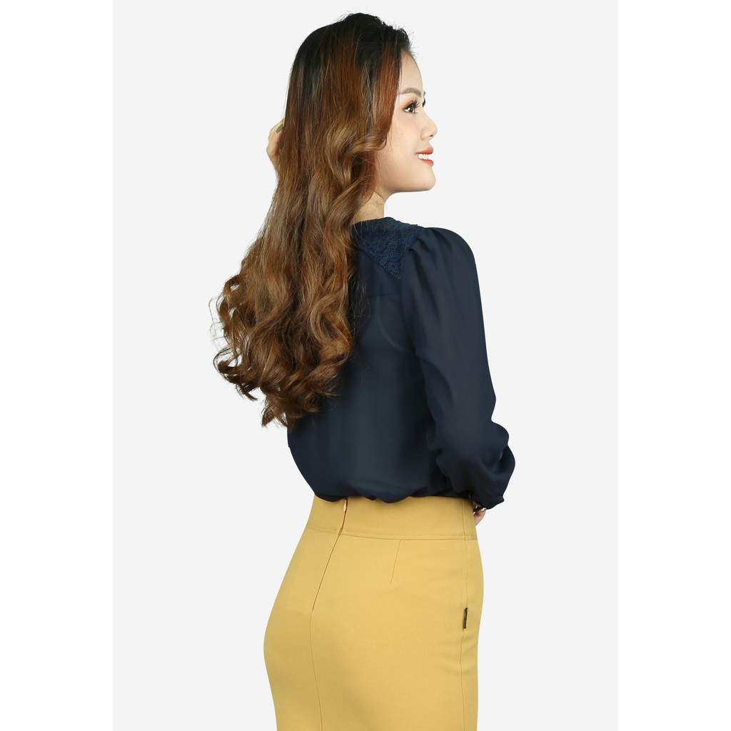 Áo sơ mi chiffon tím than tay dài yếm xẻ ren vai The One Fashion ADD054TT