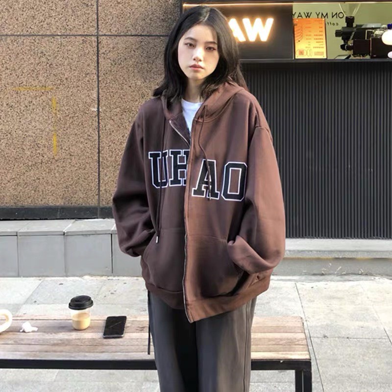 Áo Khoác Nâu Xinh Khóa Kéo Áo Khoác Nỉ Ngoại Mềm Mịn Form Rộng Unisex In Chữ OAHU