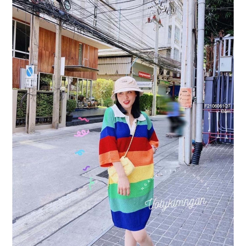 Đầm len sọc phối màu đục lỗ dáng suông cổ bẻ tay ngắn thời trang!