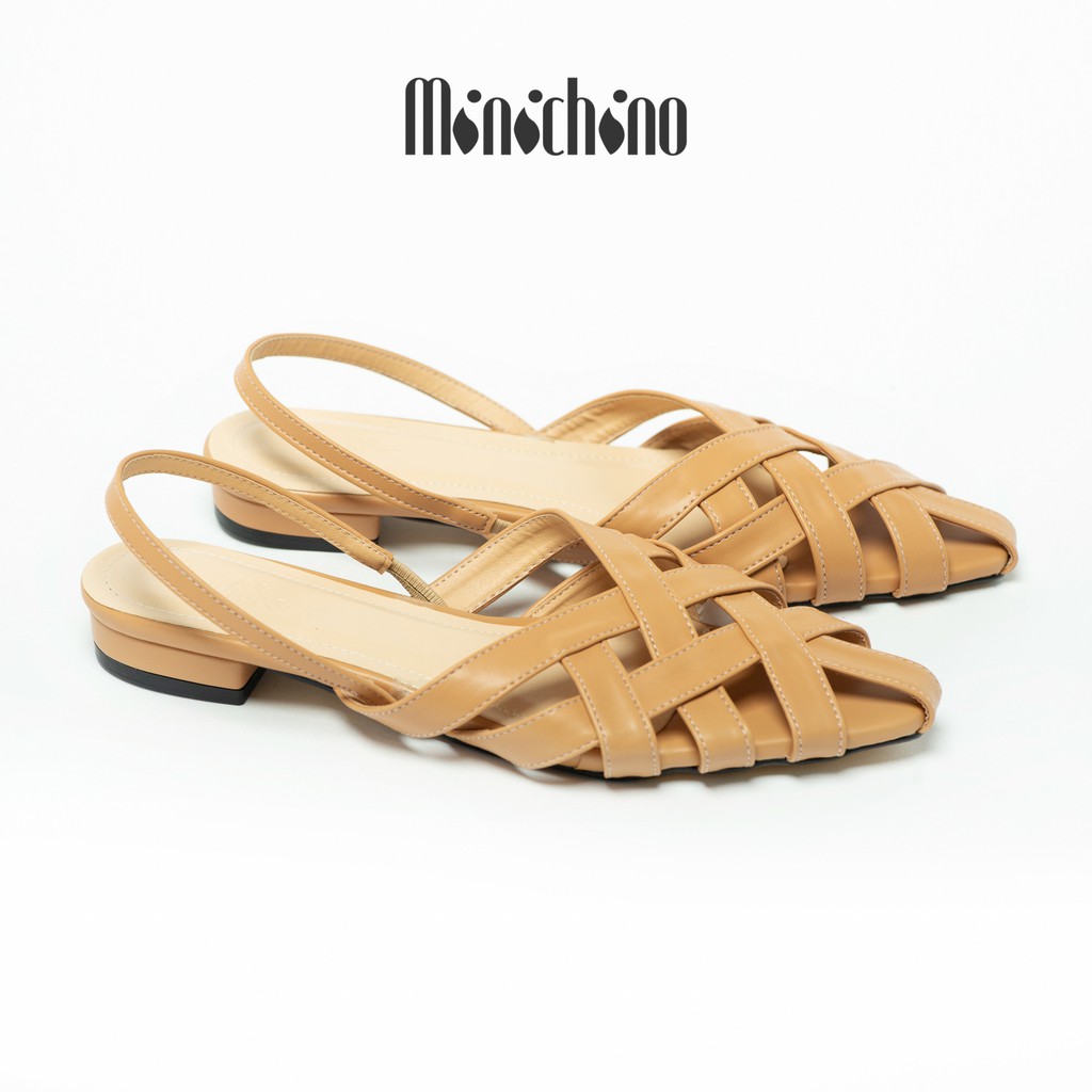 Giày sandal nữ gót cao 1,5cm MINICHINO giày búp bê nữ dáng slingback da mờ mũi nhọn hở gót phối dây màu đen TC039