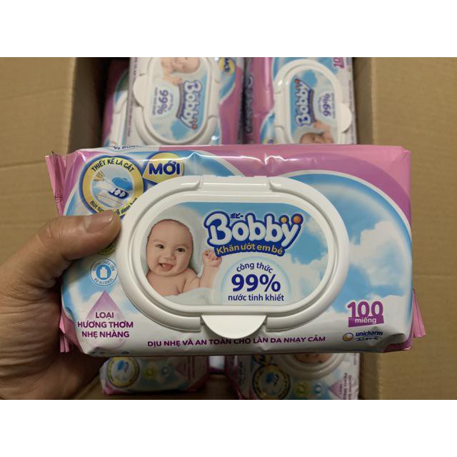 [HÀ NỘI] Khăn Ướt Bobby Mùi Hương nhẹ 100 tờ NANO Bạc Kháng Khuẩn (Màu Hồng)