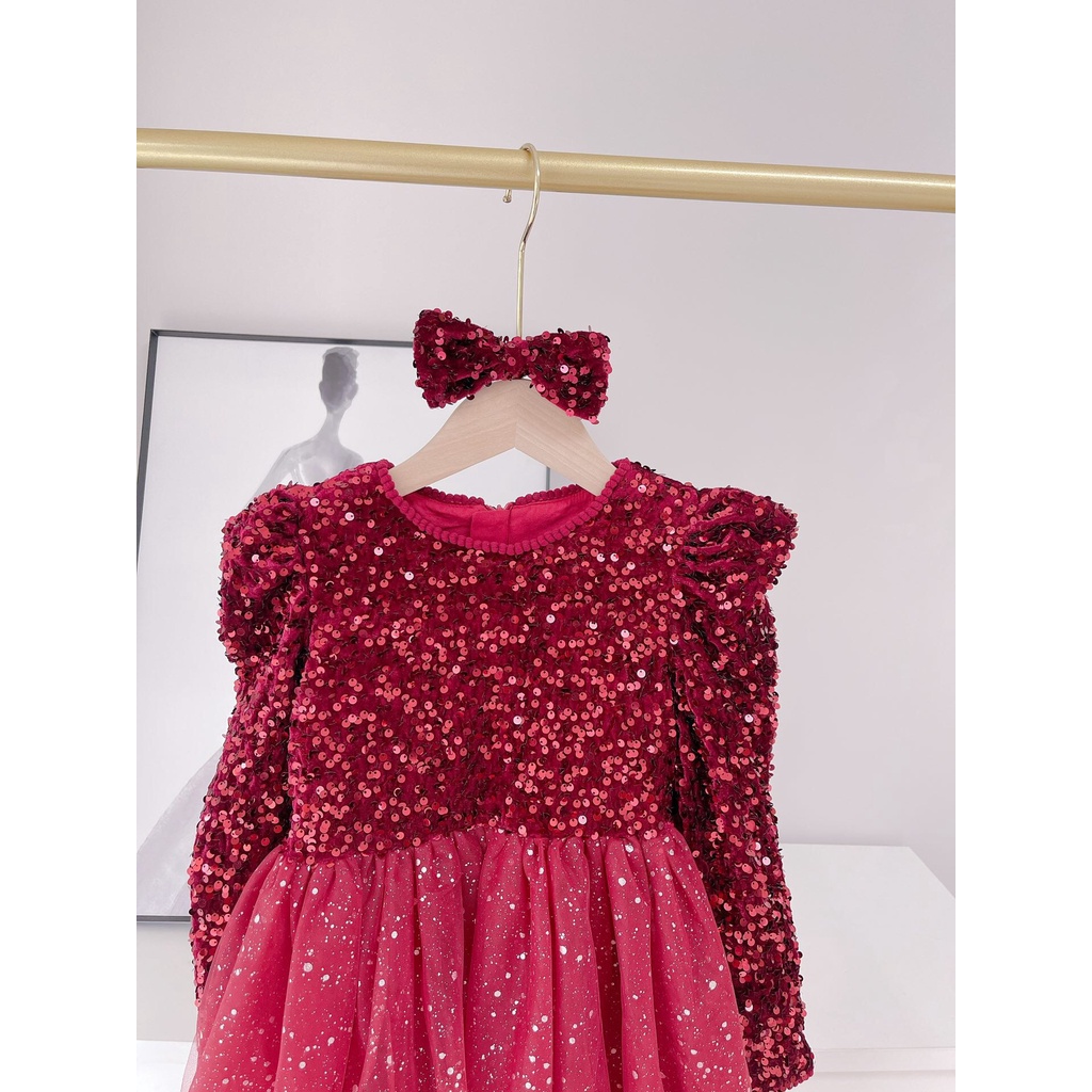 Đầm dự tiệc công chúa tay dài đính kim sa lấp lánh lộng lẫy cho bé gái