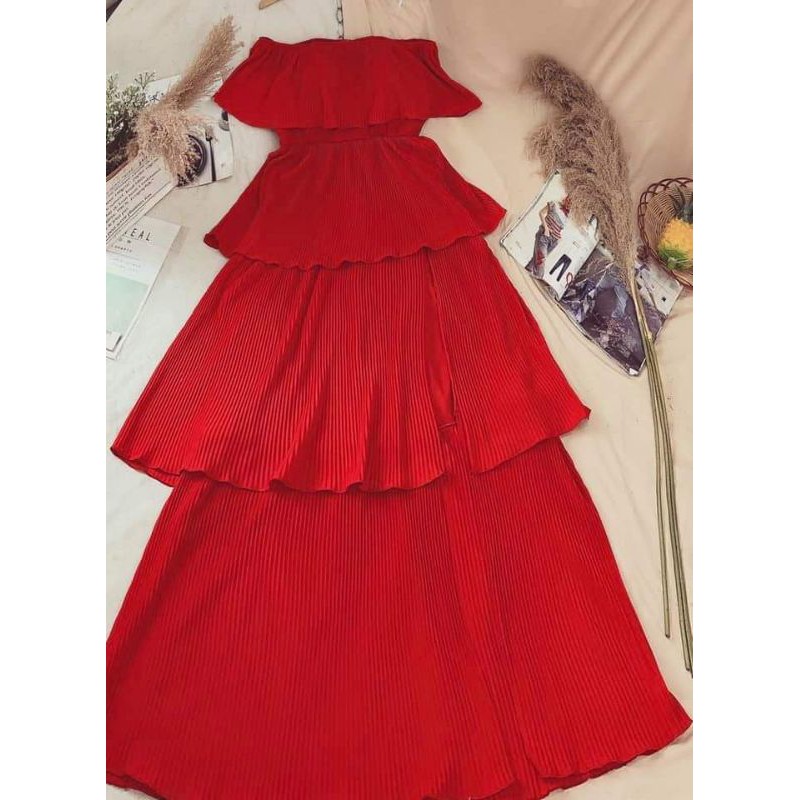 Đầm Maxi Trễ Vai Dập Ly Tầng | BigBuy360 - bigbuy360.vn