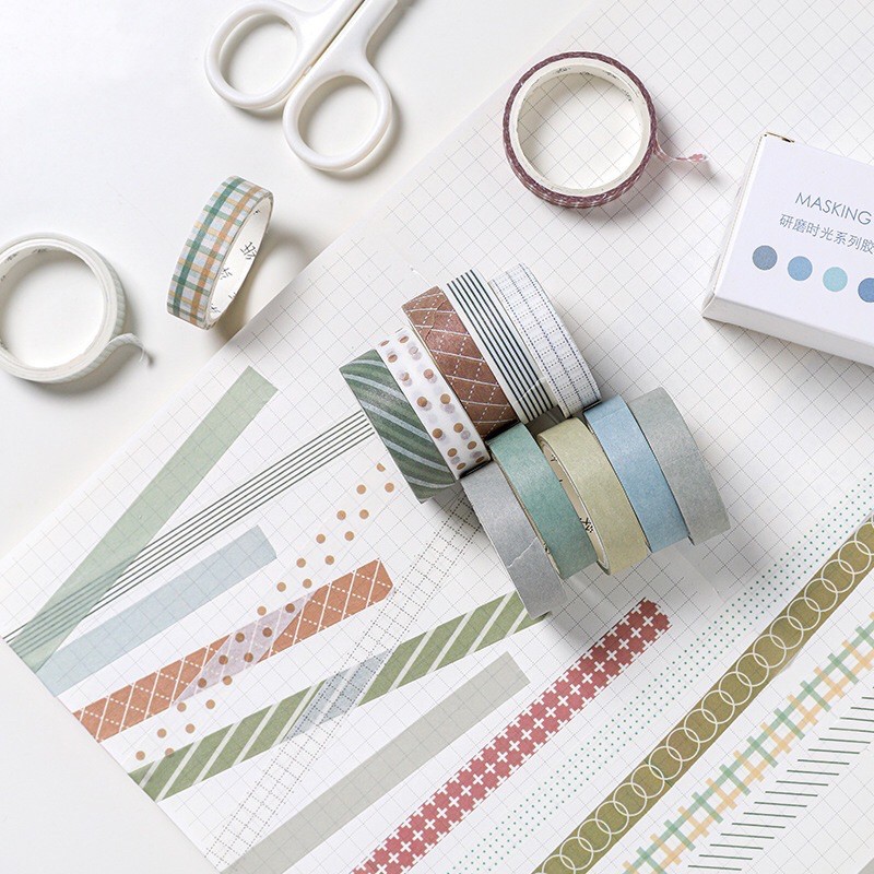 Hộp 5 cuộn washi tape băng danh trang trí hoạ tiết đơn giản