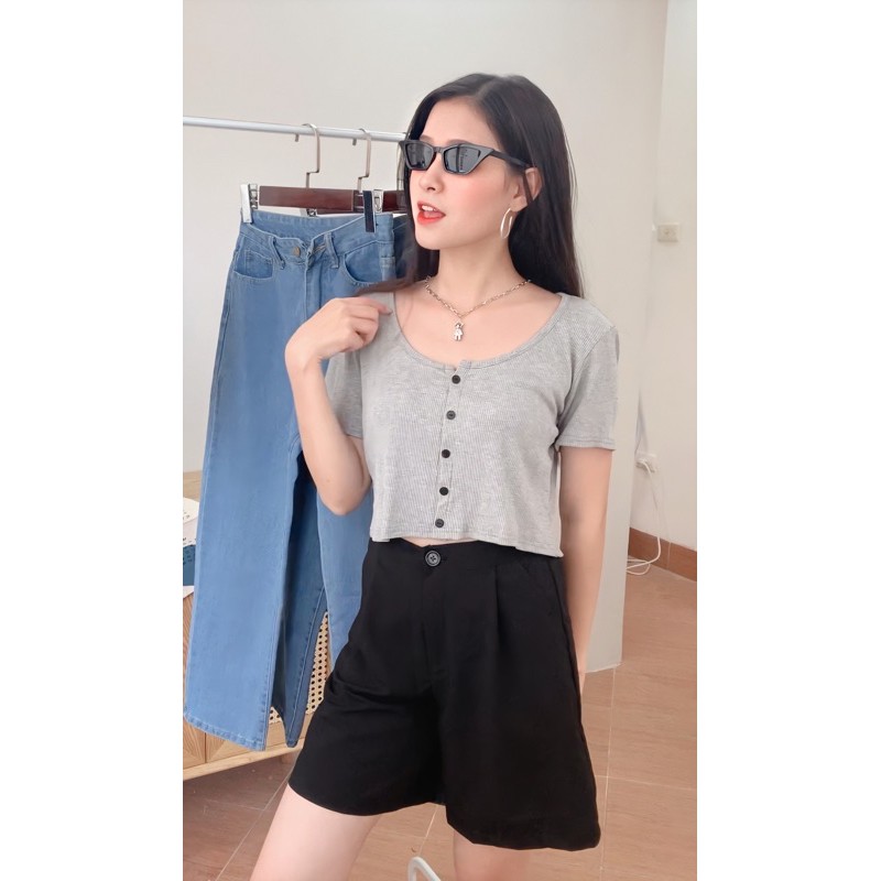 Áo thun cổ U cài cúc croptop | WebRaoVat - webraovat.net.vn