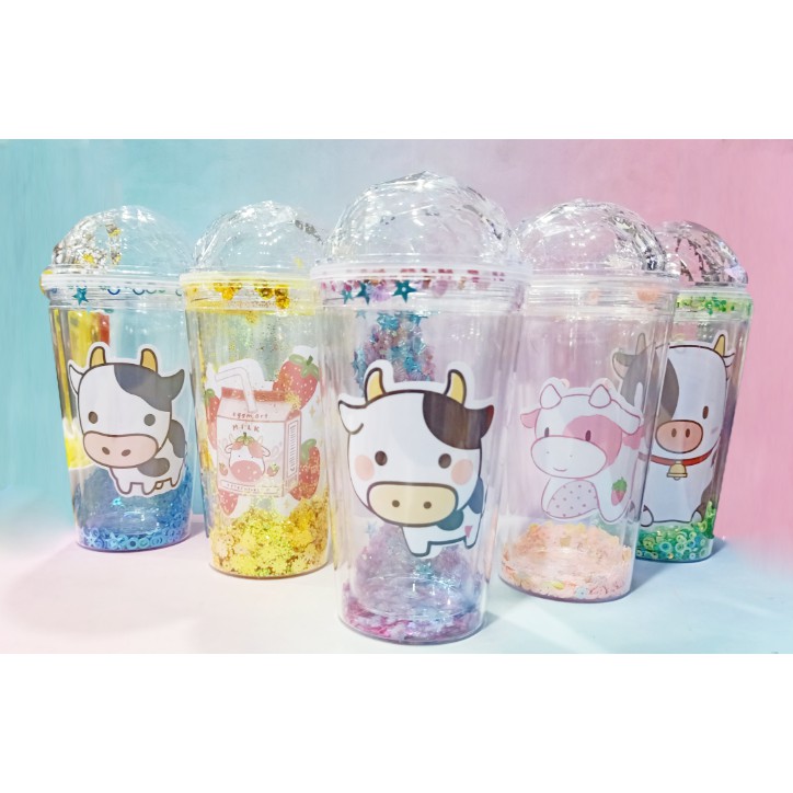 cốc 2 lớp bò sữa kim tuyến CNKI34 cốc giữ nhiệt ly 2 lớp cốc làm lạnh dễ thương 500ml