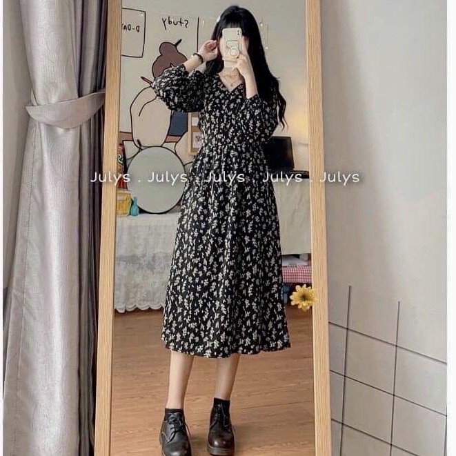 Váy hoa nhí cỏ babydoll cài cúc cổ V dáng dài ulzzang Hàn Quốc | BigBuy360 - bigbuy360.vn