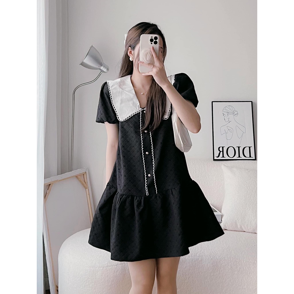 [Ảnh thật/Video] Váy nhung phối cổ trắng thắt nơ cúc ngọc dáng xòe siêu xinh